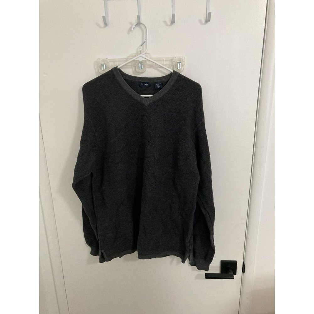 Izod Men's Pullover V-Neck Sweater, Dark Grey, Large